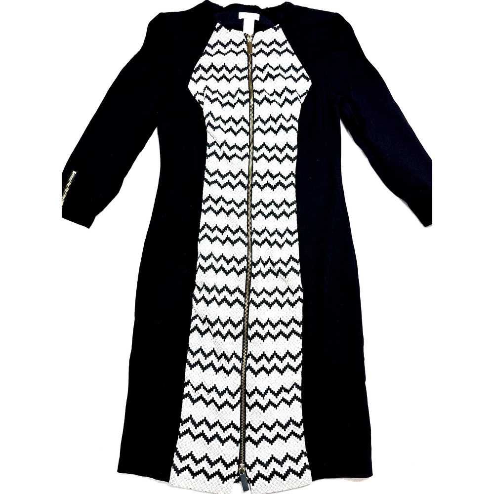 Cache Cotton Chevron Knit Full Zip Sheath Dress Sz 8 Black White Neo Deco Rave